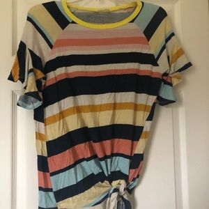 Striped T-shirt with tie front/flutter sleeves